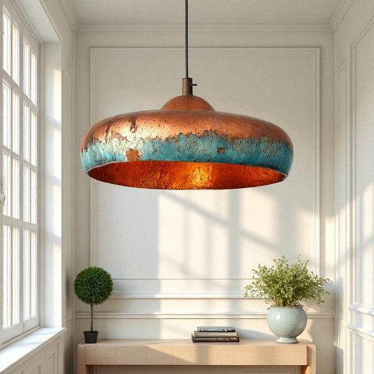 Moroccan Brass Copper and Turquoise Patina Saucer Pendant Light, Handmade Brass Rustic Dome Chandelier, Boho Coastal Kitchen Island Hanging Lamp, Antique Brass Ceiling Light Fixture