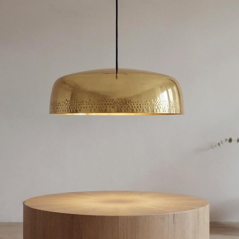Low Profile Brass Saucer Pendant Light, Handmade Moroccan Gold Brass Dome Chandelier, Pierced Kitchen Island Hanging Lamp, Modern Rustic Dining Room Ceiling Light Fixture