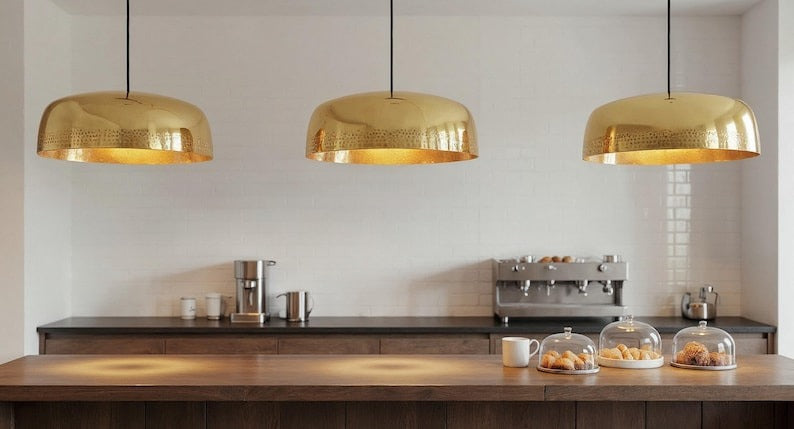 Low Profile Brass Saucer Pendant Light, Handmade Moroccan Gold Brass Dome Chandelier, Pierced Kitchen Island Hanging Lamp, Modern Rustic Dining Room Ceiling Light Fixture