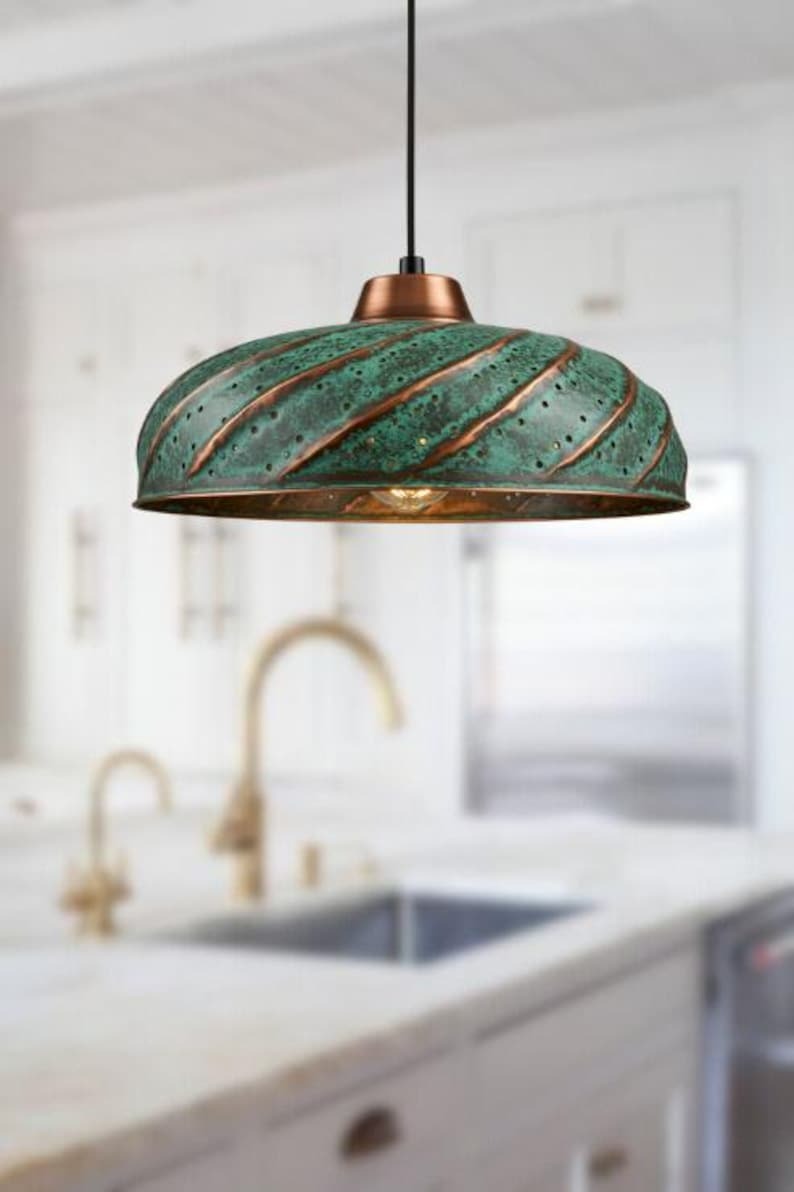 Handmade Green Patina Brass Pendant Light – Moroccan Ribbed Saucer Dome Hanging Lamp with Copper Brass Accents for Kitchen Island, Dining Room & Boho Home Décor