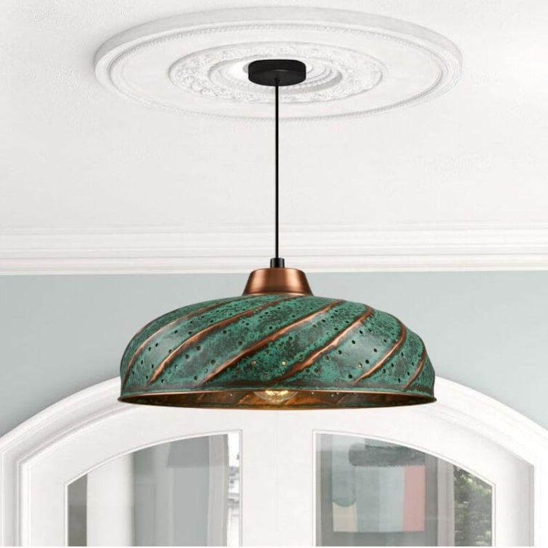 Handmade Green Patina Brass Pendant Light – Moroccan Ribbed Saucer Dome Hanging Lamp with Copper Brass Accents for Kitchen Island, Dining Room & Boho Home Décor