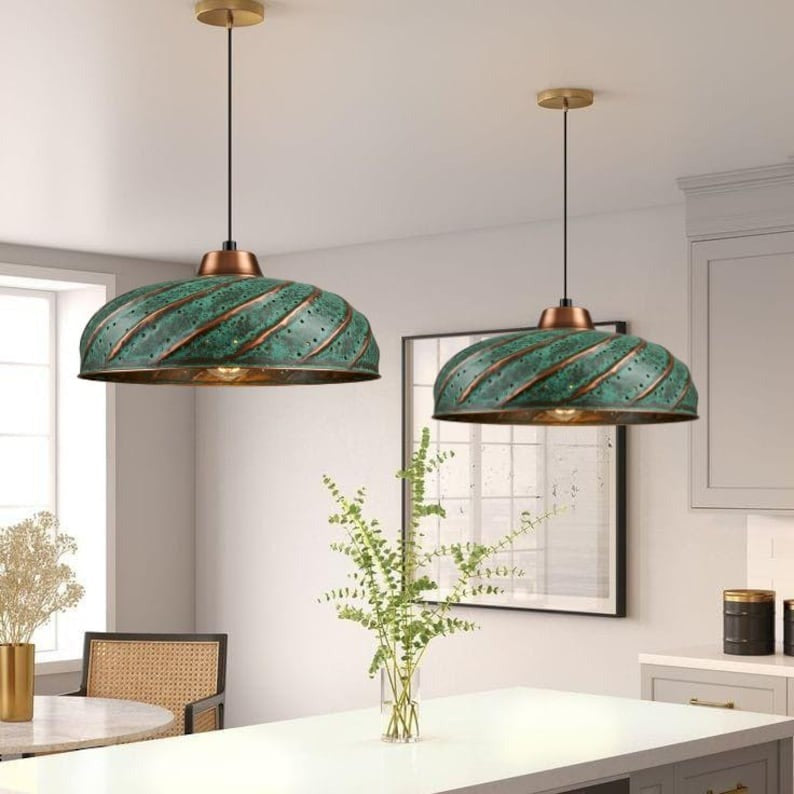 Handmade Green Patina Brass Pendant Light – Moroccan Ribbed Saucer Dome Hanging Lamp with Copper Brass Accents for Kitchen Island, Dining Room & Boho Home Décor