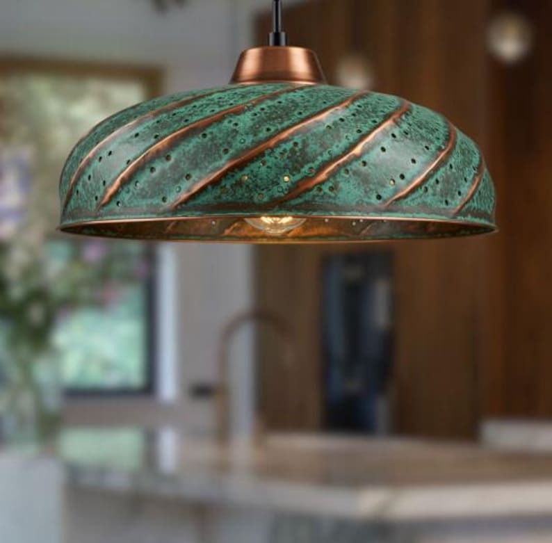 Handmade Green Patina Brass Pendant Light – Moroccan Ribbed Saucer Dome Hanging Lamp with Copper Brass Accents for Kitchen Island, Dining Room & Boho Home Décor