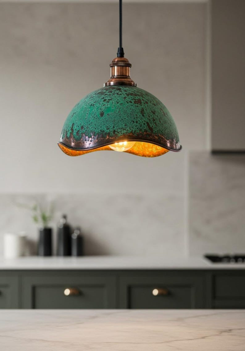 Verdigris Brass Dome Pendant Light – Scalloped Antique Copper Kitchen Island Chandelier