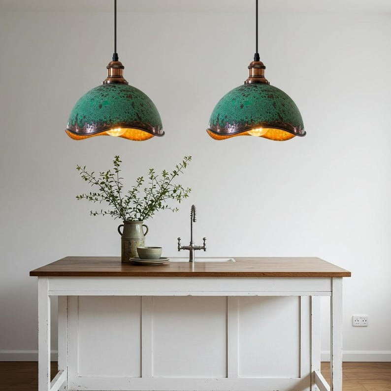 Verdigris Brass Dome Pendant Light – Scalloped Antique Copper Kitchen Island Chandelier