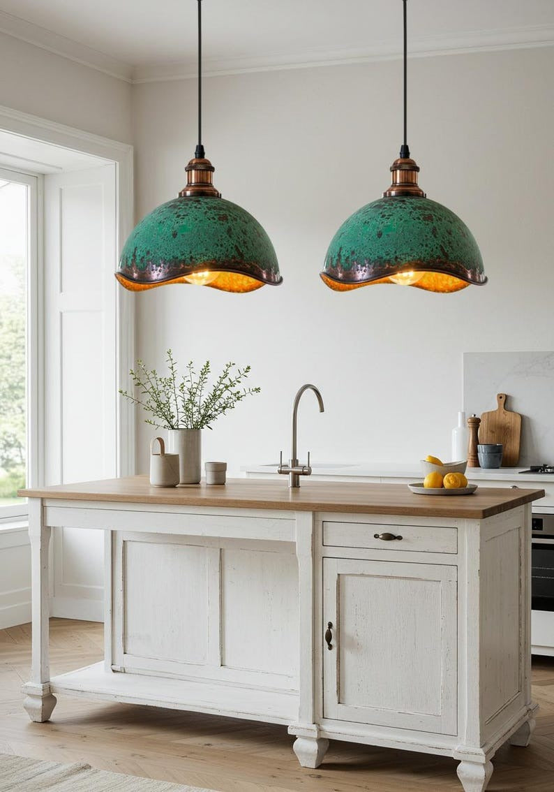 Verdigris Brass Dome Pendant Light – Scalloped Antique Copper Kitchen Island Chandelier