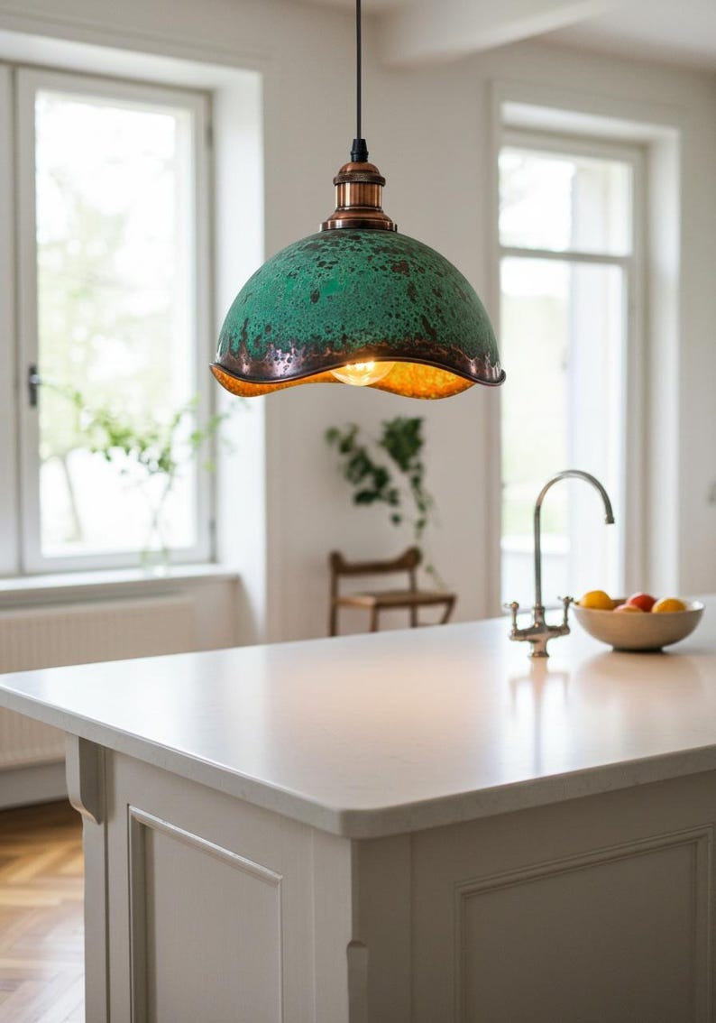 Verdigris Brass Dome Pendant Light – Scalloped Antique Copper Kitchen Island Chandelier