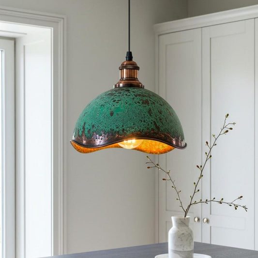 Verdigris Brass Dome Pendant Light – Scalloped Antique Copper Kitchen Island Chandelier