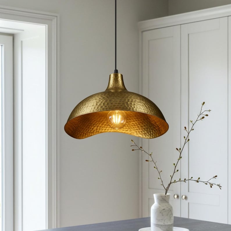 Hammered Brass Scalloped Dome Pendant Light – Gold Kitchen Island Chandelier with Artisan Finish