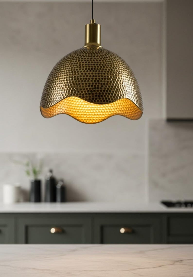 Hammered Brass Scalloped Dome Pendant Light – Gold Moroccan Kitchen Island Chandelier