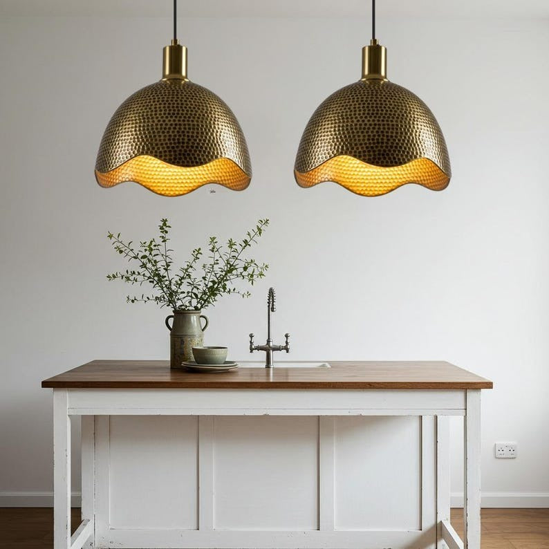 Hammered Brass Scalloped Dome Pendant Light – Gold Moroccan Kitchen Island Chandelier