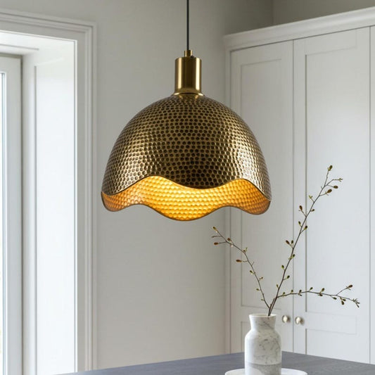 Hammered Brass Scalloped Dome Pendant Light – Gold Moroccan Kitchen Island Chandelier
