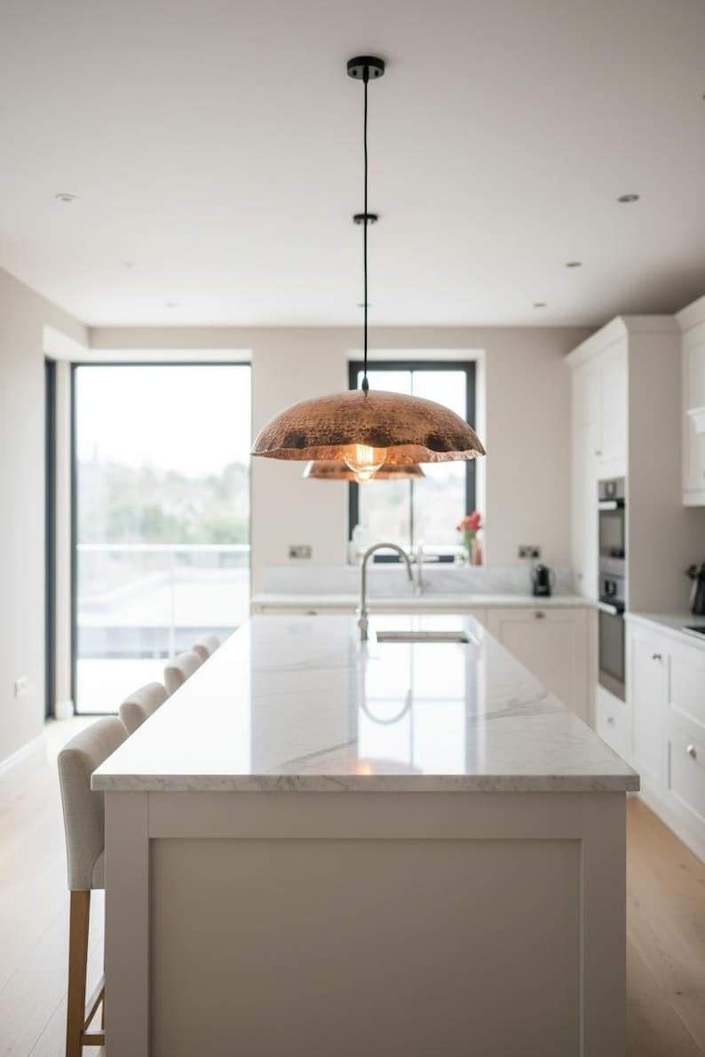 Hammered Brass Scalloped Dome Pendant Light – Antique Copper Moroccan Kitchen Island Chandelier