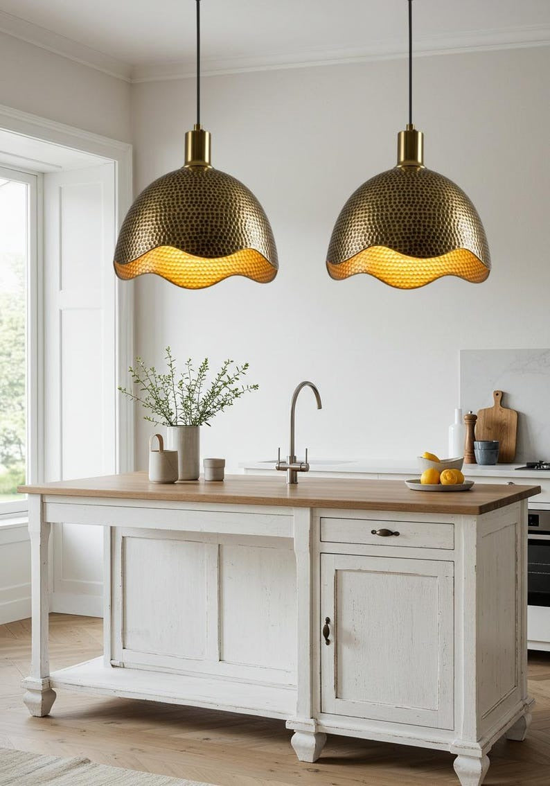 Hammered Brass Scalloped Dome Pendant Light – Gold Moroccan Kitchen Island Chandelier