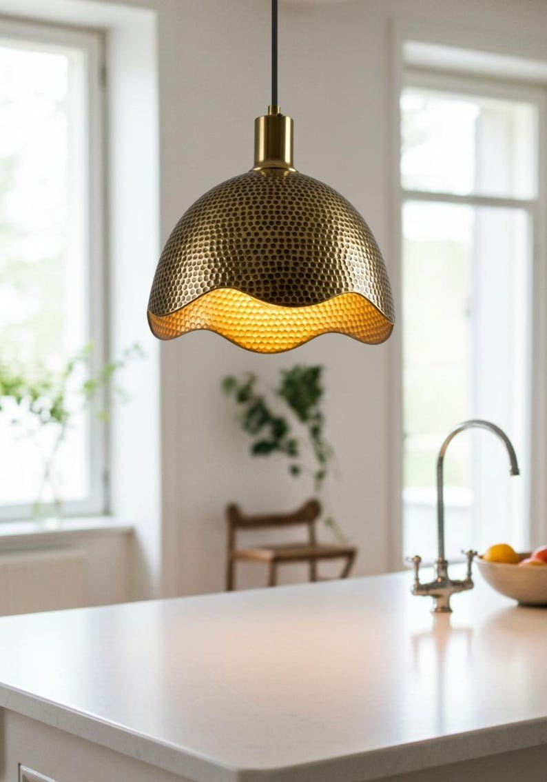 Hammered Brass Scalloped Dome Pendant Light – Gold Moroccan Kitchen Island Chandelier