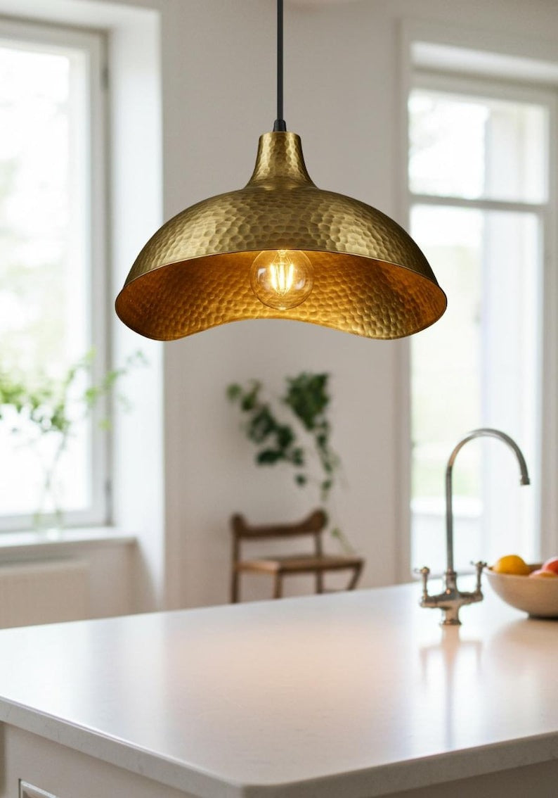 Hammered Brass Scalloped Dome Pendant Light – Gold Kitchen Island Chandelier with Artisan Finish