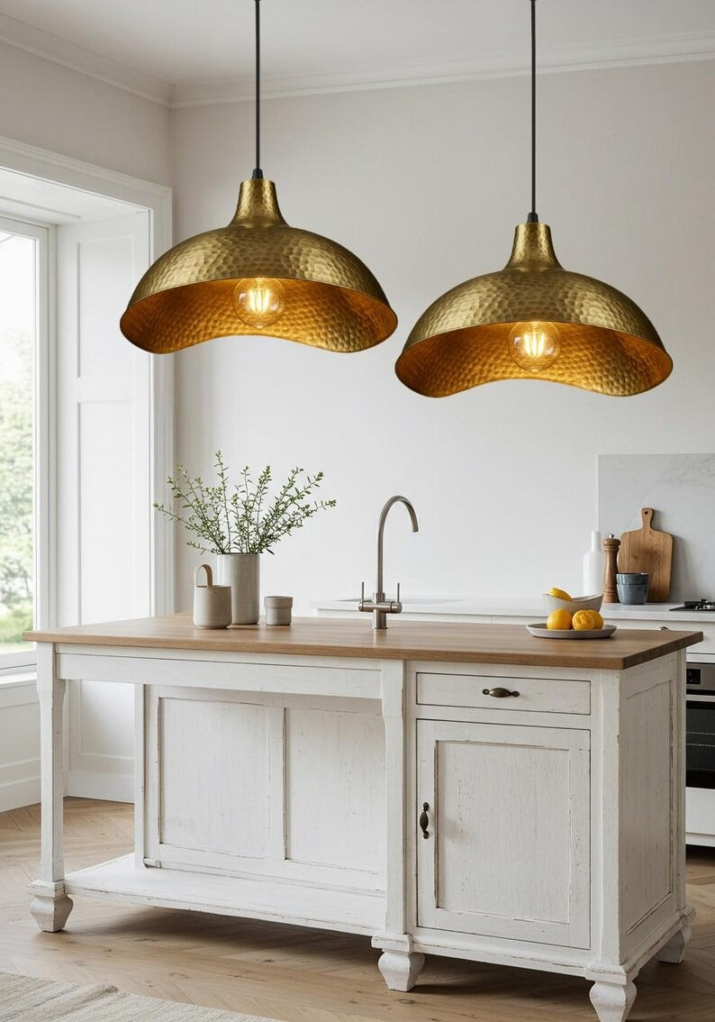 Hammered Brass Scalloped Dome Pendant Light – Gold Kitchen Island Chandelier with Artisan Finish