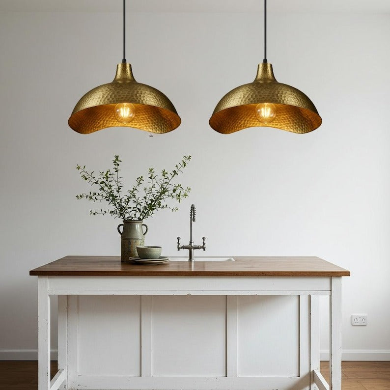 Hammered Brass Scalloped Dome Pendant Light – Gold Kitchen Island Chandelier with Artisan Finish