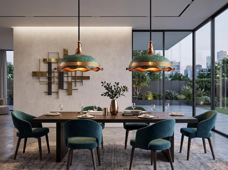 Verdigris & Copper Hammered Brass Pendant Light – Moroccan Pierced Dome Chandelier with Scalloped Edge