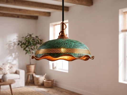Verdigris & Copper Hammered Brass Pendant Light – Moroccan Pierced Dome Chandelier with Scalloped Edge