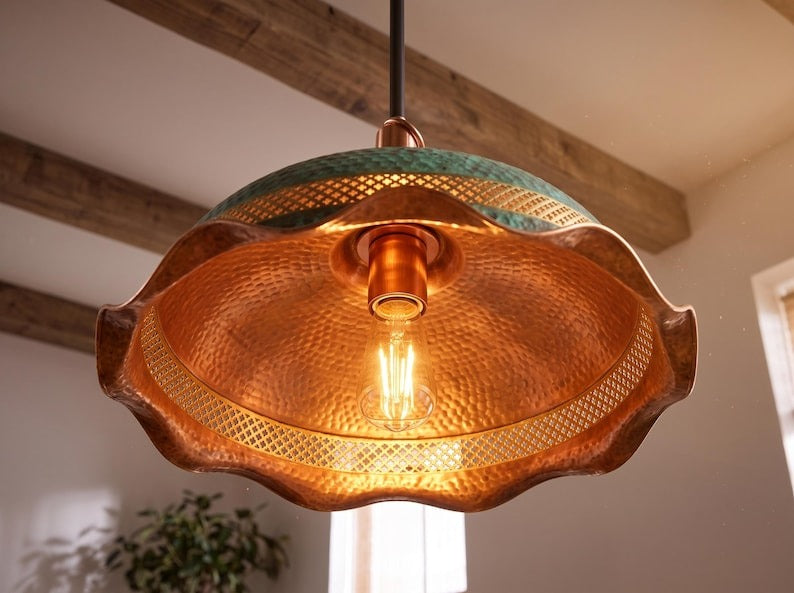 Verdigris & Copper Hammered Brass Pendant Light – Moroccan Pierced Dome Chandelier with Scalloped Edge