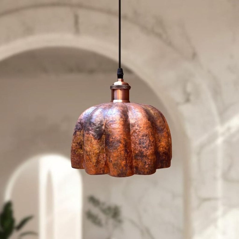 Handmade Moroccan Brass Pendant Light – Hammered Scalloped Flower Ceiling Lamp, Antique Copper Finish, Vintage Moroccan Hanging Light Fixture