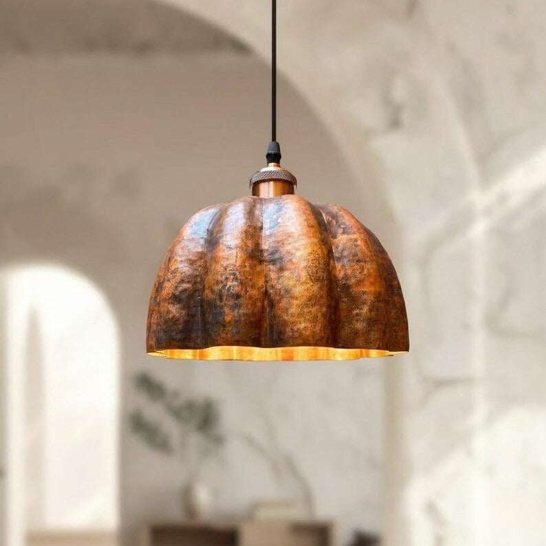 Handmade Moroccan Brass Pendant Light – Hammered Scalloped Flower Ceiling Lamp, Antique Copper Finish, Vintage Moroccan Hanging Light Fixture