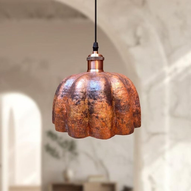 Handmade Moroccan Brass Pendant Light – Hammered Scalloped Flower Ceiling Lamp, Antique Copper Finish, Vintage Moroccan Hanging Light Fixture