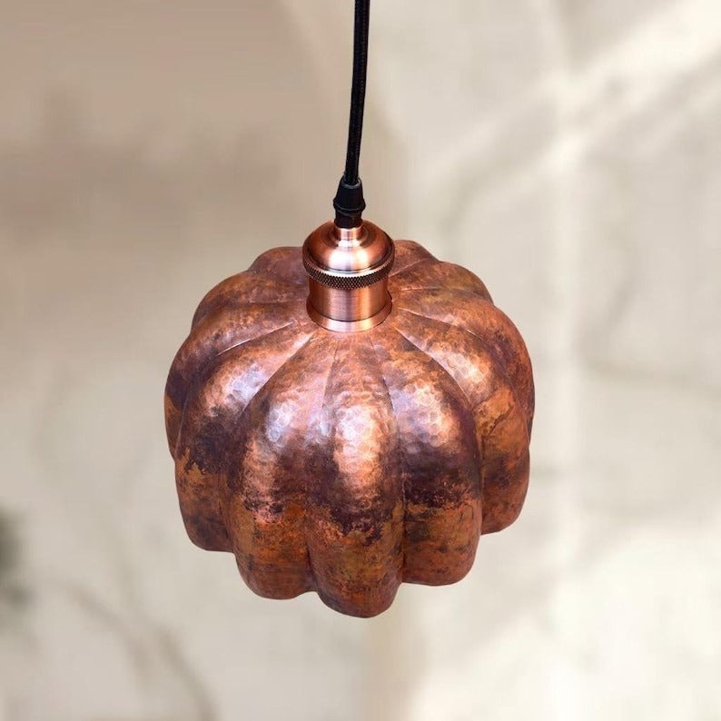 Handmade Moroccan Brass Pendant Light – Hammered Scalloped Flower Ceiling Lamp, Antique Copper Finish, Vintage Moroccan Hanging Light Fixture