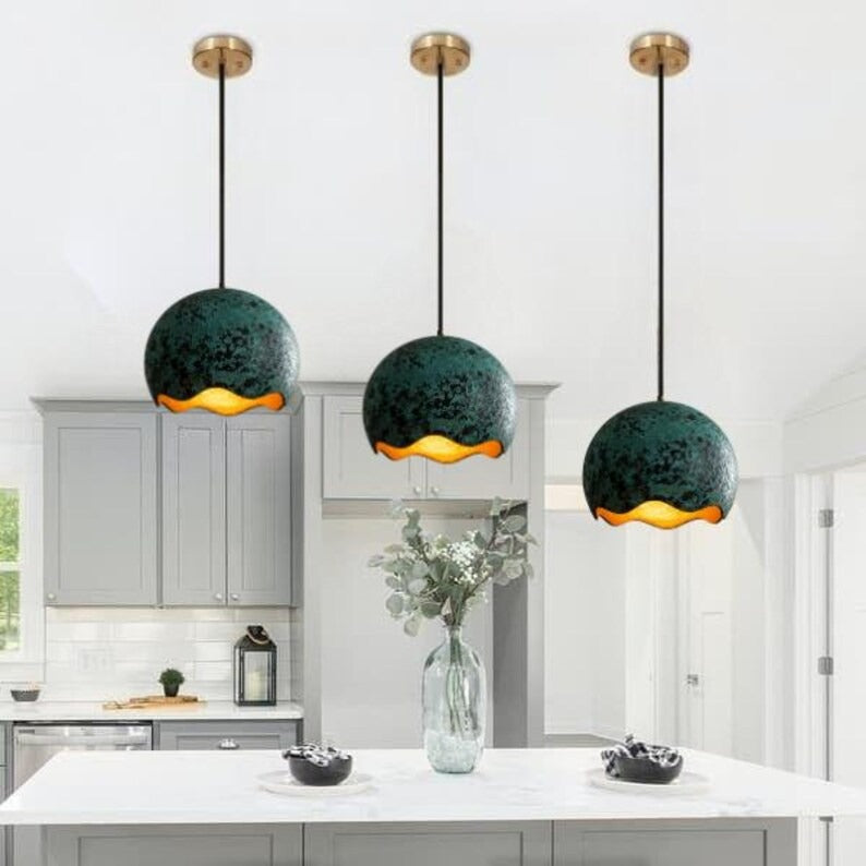 Handmade Green Patina Brass Pendant Light – Moroccan Scalloped Dome Hanging Lamp with Warm Gold Interior for Kitchen Island, Dining Room & Boho Home Décor