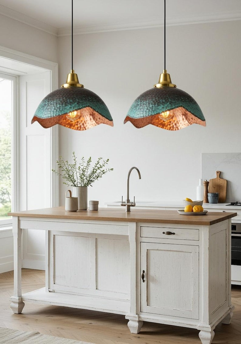 Verdigris Brass Scalloped Dome Pendant Light – Hammered Copper Kitchen Island Chandelier