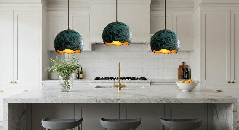 Handmade Green Patina Brass Pendant Light – Moroccan Scalloped Dome Hanging Lamp with Warm Gold Interior for Kitchen Island, Dining Room & Boho Home Décor