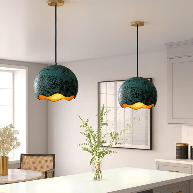 Handmade Green Patina Brass Pendant Light – Moroccan Scalloped Dome Hanging Lamp with Warm Gold Interior for Kitchen Island, Dining Room & Boho Home Décor
