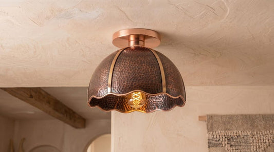 Handmade Brass Flush Mount Ceiling Light – Aged Copper Hammered Brass Scalloped Dome Fixture, Moroccan Rustic Farmhouse Ceiling Lamp