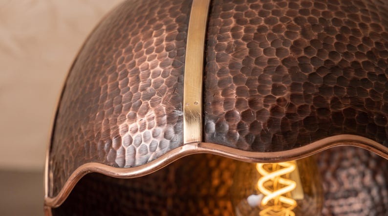 Handmade Brass Flush Mount Ceiling Light – Aged Copper Hammered Brass Scalloped Dome Fixture, Moroccan Rustic Farmhouse Ceiling Lamp