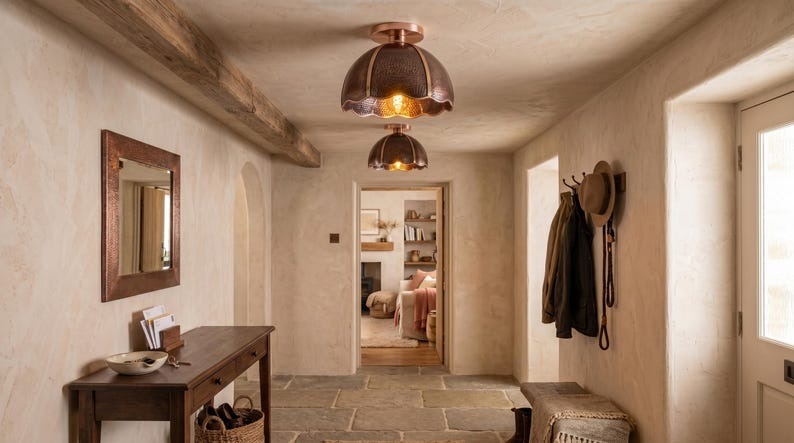 Handmade Brass Flush Mount Ceiling Light – Aged Copper Hammered Brass Scalloped Dome Fixture, Moroccan Rustic Farmhouse Ceiling Lamp