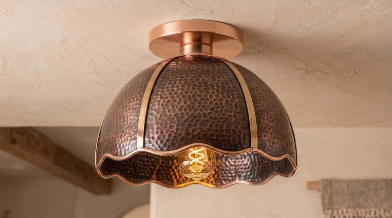 Handmade Brass Flush Mount Ceiling Light – Aged Copper Hammered Brass Scalloped Dome Fixture, Moroccan Rustic Farmhouse Ceiling Lamp