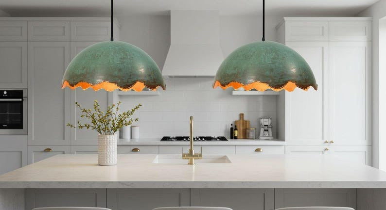 Handmade Moroccan Brass Dome Pendant Light – Turquoise Verdigris Patina Brass Hanging Lamp with Scalloped Edge, Warm Gold Interior Boho Ceiling Light for Kitchen Island, Dining Room & Living Room