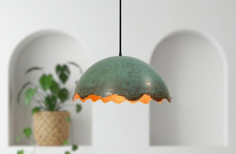 Handmade Moroccan Brass Dome Pendant Light – Turquoise Verdigris Patina Brass Hanging Lamp with Scalloped Edge, Warm Gold Interior Boho Ceiling Light for Kitchen Island, Dining Room & Living Room