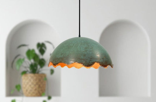 Handmade Moroccan Brass Dome Pendant Light – Turquoise Verdigris Patina Brass Hanging Lamp with Scalloped Edge, Warm Gold Interior Boho Ceiling Light for Kitchen Island, Dining Room & Living Room