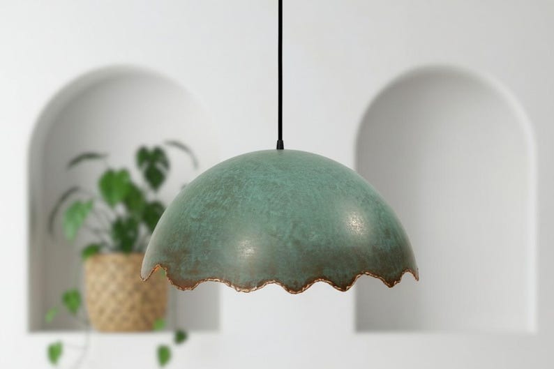 Handmade Moroccan Brass Dome Pendant Light – Turquoise Verdigris Patina Brass Hanging Lamp with Scalloped Edge, Warm Gold Interior Boho Ceiling Light for Kitchen Island, Dining Room & Living Room