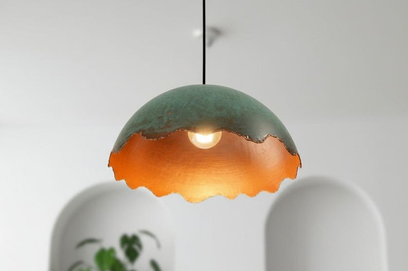 Handmade Moroccan Brass Dome Pendant Light – Turquoise Verdigris Patina Brass Hanging Lamp with Scalloped Edge, Warm Gold Interior Boho Ceiling Light for Kitchen Island, Dining Room & Living Room