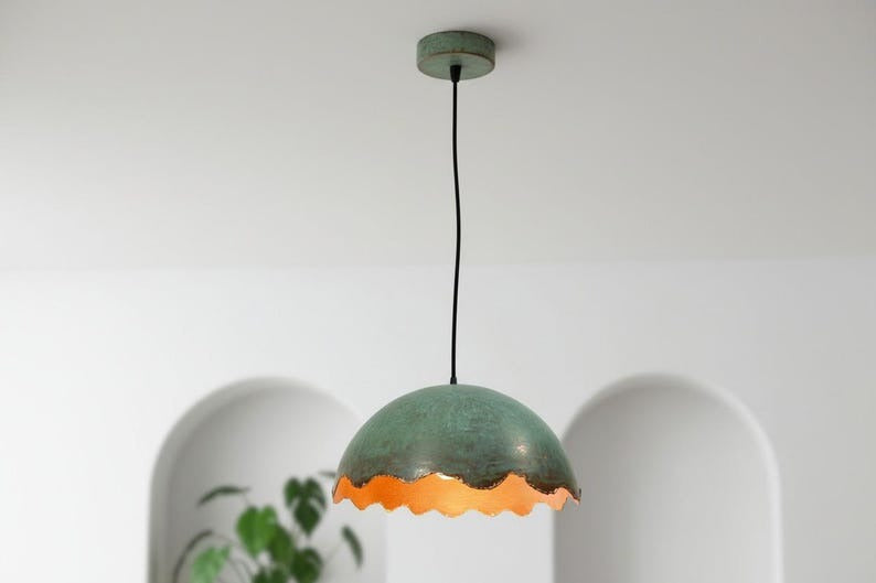 Handmade Moroccan Brass Dome Pendant Light – Turquoise Verdigris Patina Brass Hanging Lamp with Scalloped Edge, Warm Gold Interior Boho Ceiling Light for Kitchen Island, Dining Room & Living Room