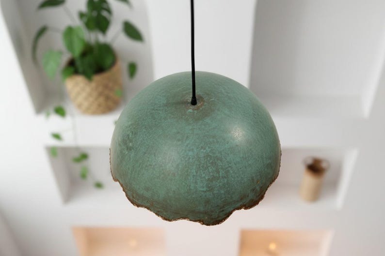 Handmade Moroccan Brass Dome Pendant Light – Turquoise Verdigris Patina Brass Hanging Lamp with Scalloped Edge, Warm Gold Interior Boho Ceiling Light for Kitchen Island, Dining Room & Living Room