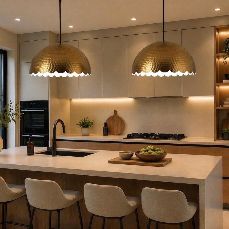 Set of 3 Handmade Moroccan Brass Pendant Lights – Hammered Gold Scalloped Dome Ceiling Lamps, Large Kitchen Island & Dining Room Lighting