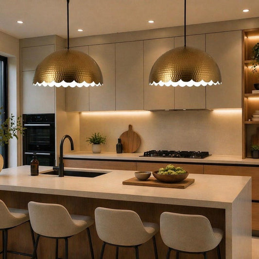 Set of 2 Handmade Moroccan Brass Pendant Lights – Hammered Gold Scalloped Dome Ceiling Lamps, Large Kitchen Island & Dining Room Lighting