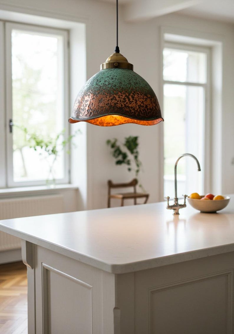 Verdigris Brass Bell Pendant Light – Aged Copper Scalloped Kitchen Island Chandelier