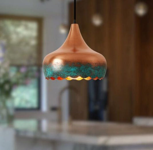 Handmade Copper Brass Pendant Light – Moroccan Scalloped Dome Pendant Lamp with Green Patina Edge for Kitchen Island, Dining Room & Boho Home Décor