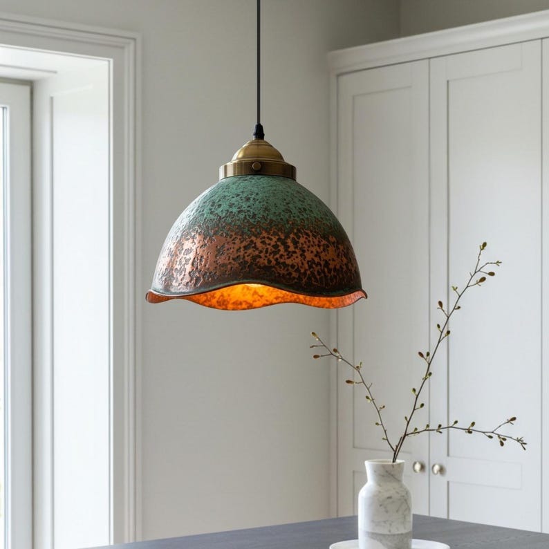 Verdigris Brass Bell Pendant Light – Aged Copper Scalloped Kitchen Island Chandelier