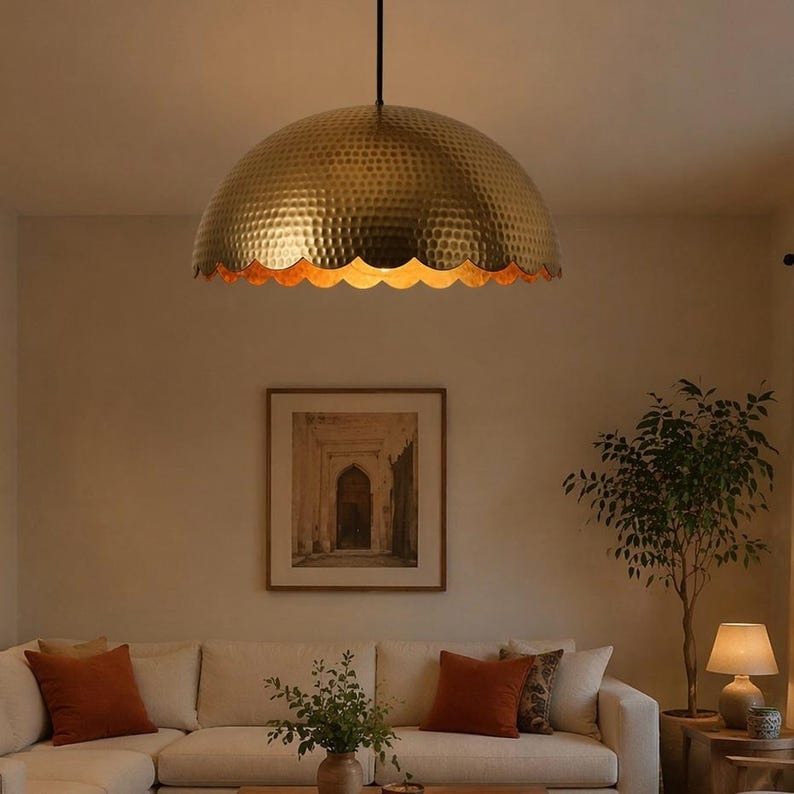 Handmade Moroccan Brass Pendant Light – Hammered Gold Scalloped Dome Ceiling Lamp, Large Kitchen Island & Dining Room Lighting